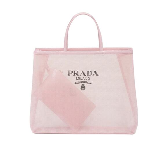 Prada Rete Paillettes Mesh Sequin Logo Large Shopping Tote Hand Bag & Pouch Pink - Picture 1 of 10